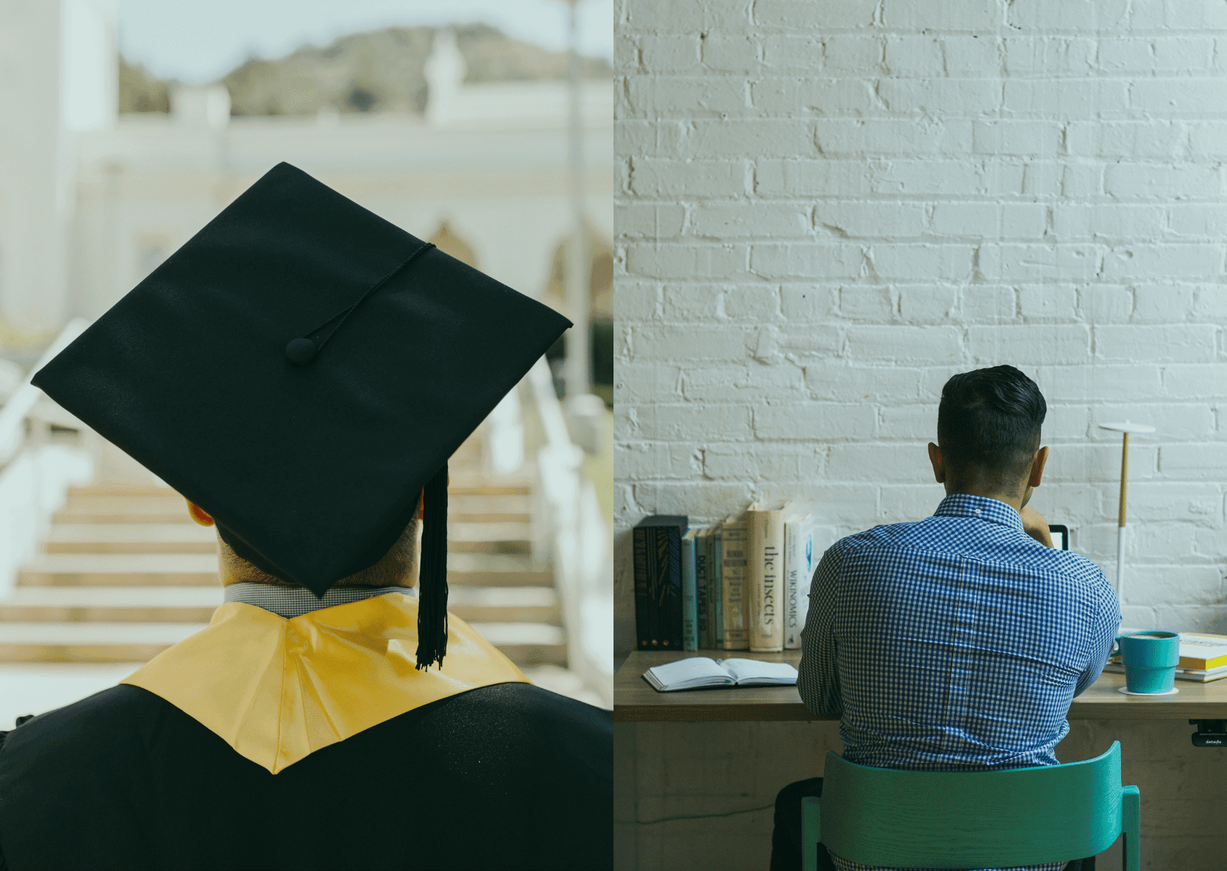 A split image showing a graduate in a cap and gown next to a professional working at a desk, representing the career path from university to employment.