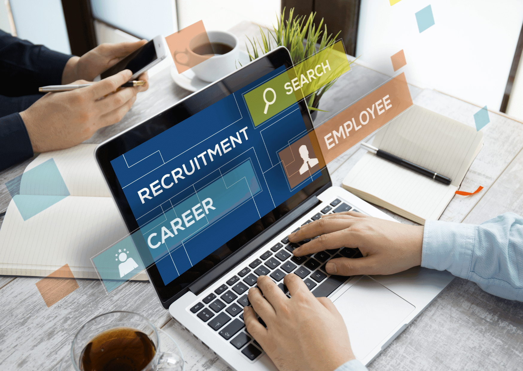 A person using a laptop with a digital overlay showing 'RECRUITMENT', 'CAREER', and 'SEARCH' icons for online job hunting.