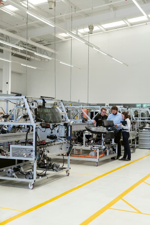 Three colleagues reviewing work on a production floor with a laptop and notes